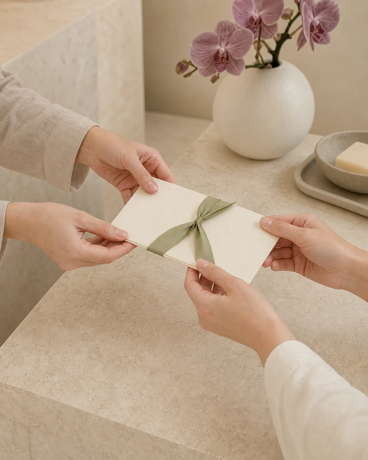 Two women exchanging a ribboned gift envelope in a serene spa