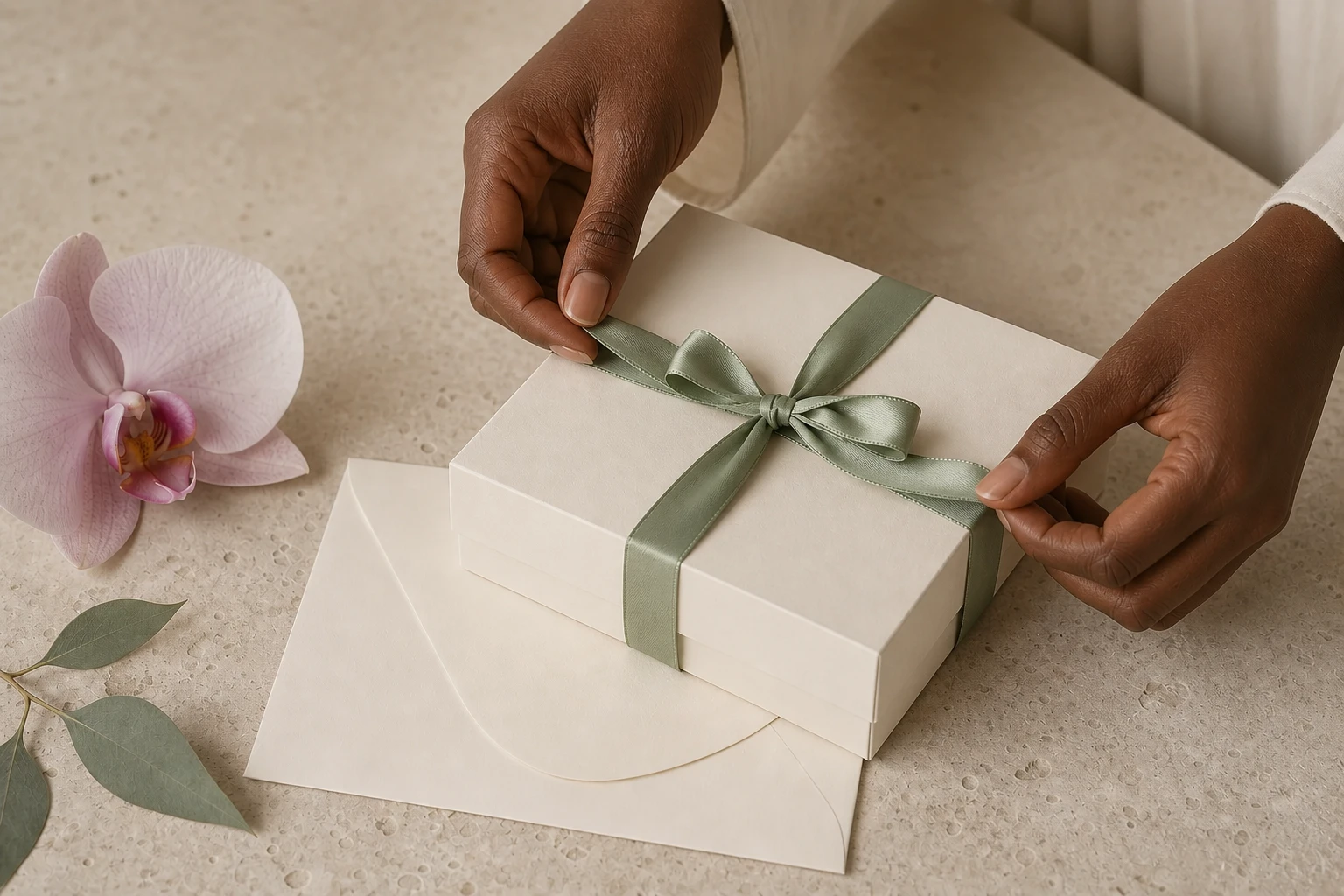 Hands tying a ribbon around an elegant spa gift