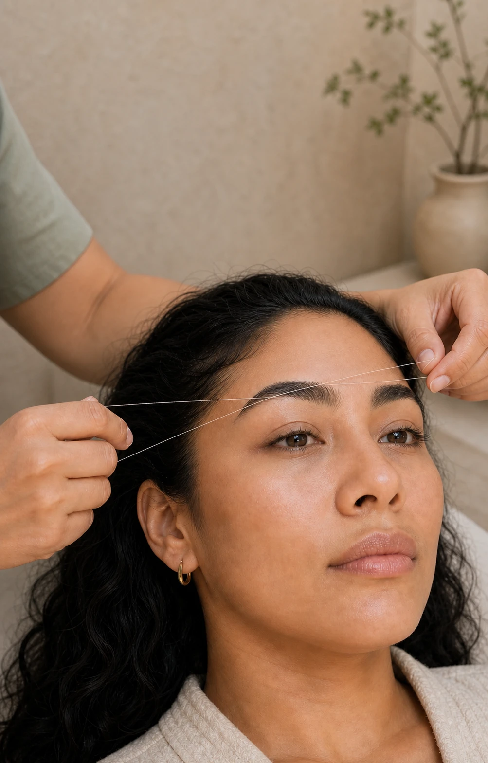 Esthetician precisely threading a client's eyebrow