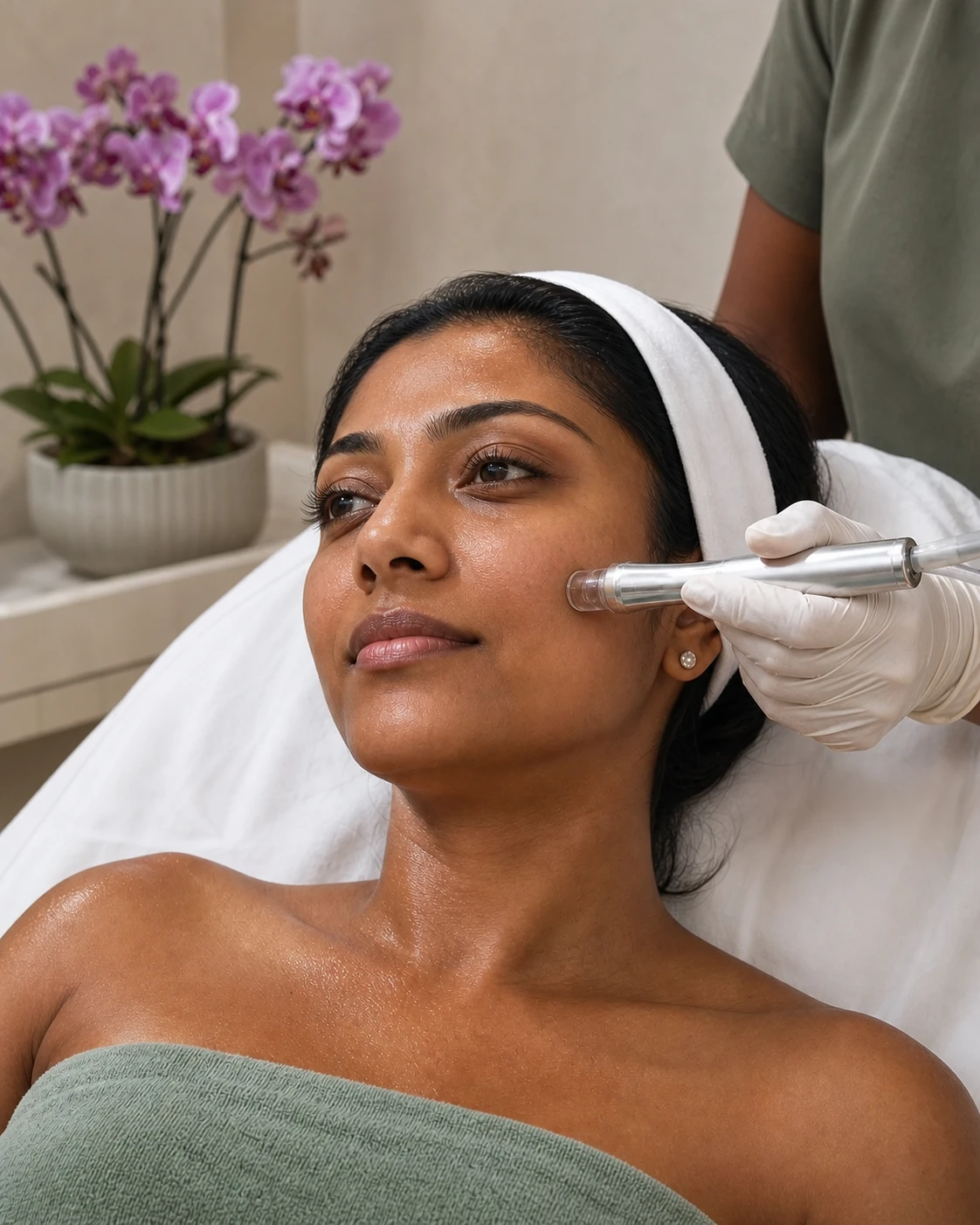 Client receiving an advanced hydration facial with a professional handpiece