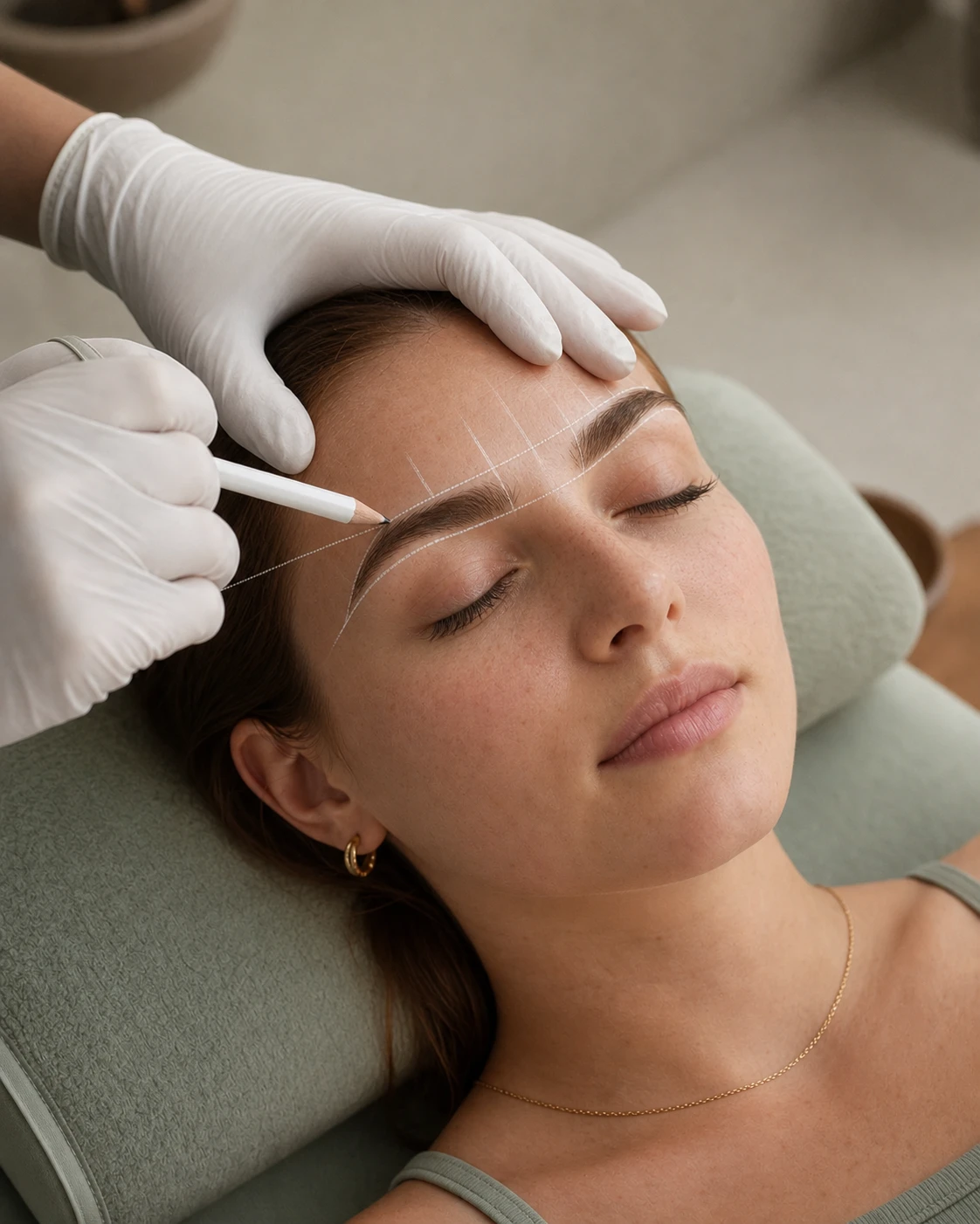 Professional mapping a client's brows before microblading