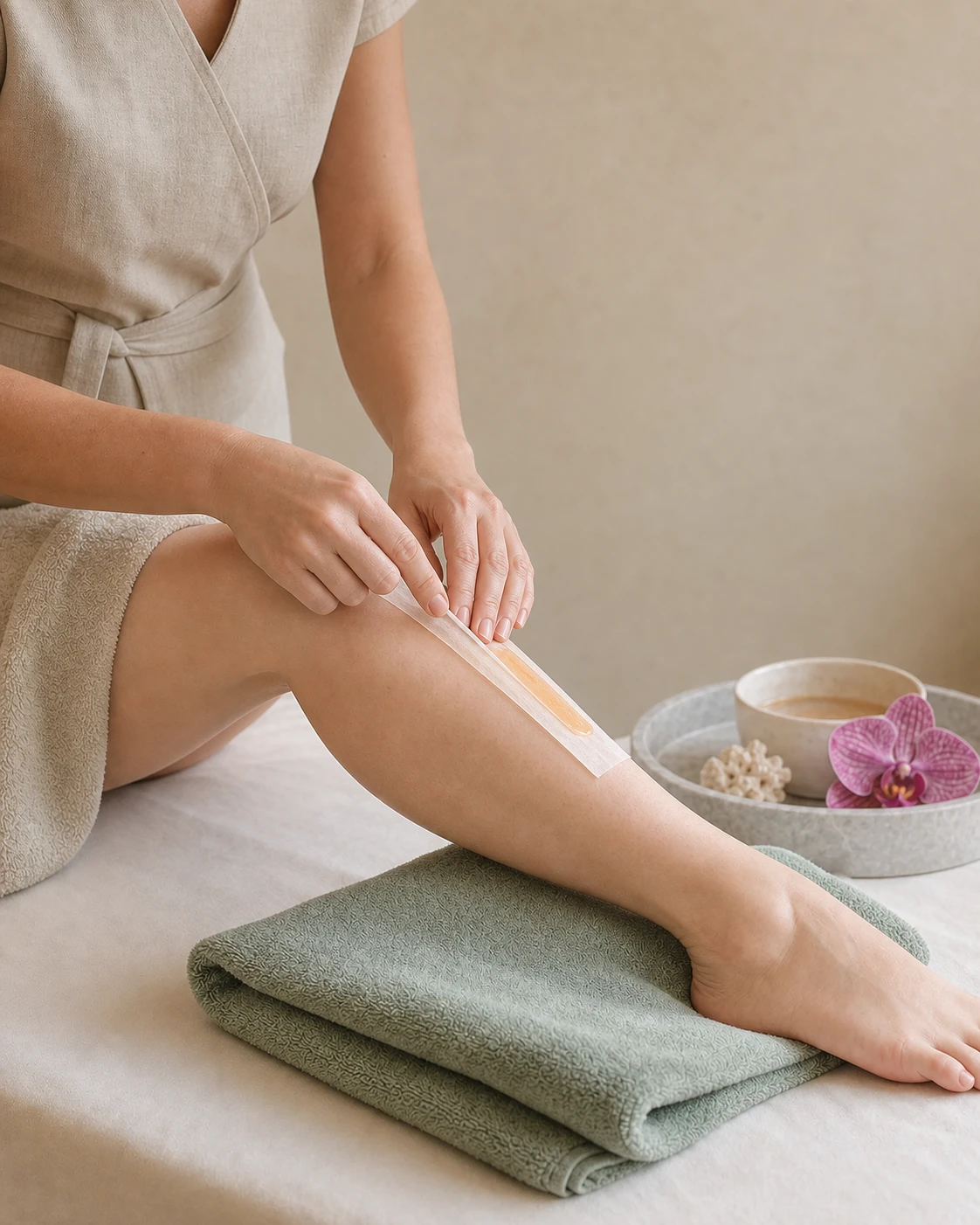 Esthetician applying professional wax to a client's lower leg