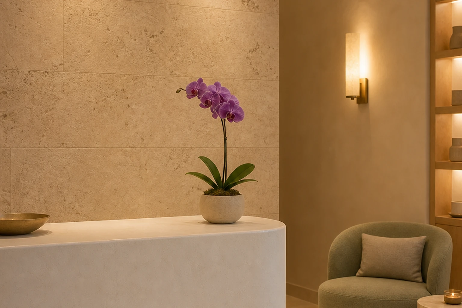 A warm spa reception interior with an orchid and sage chair