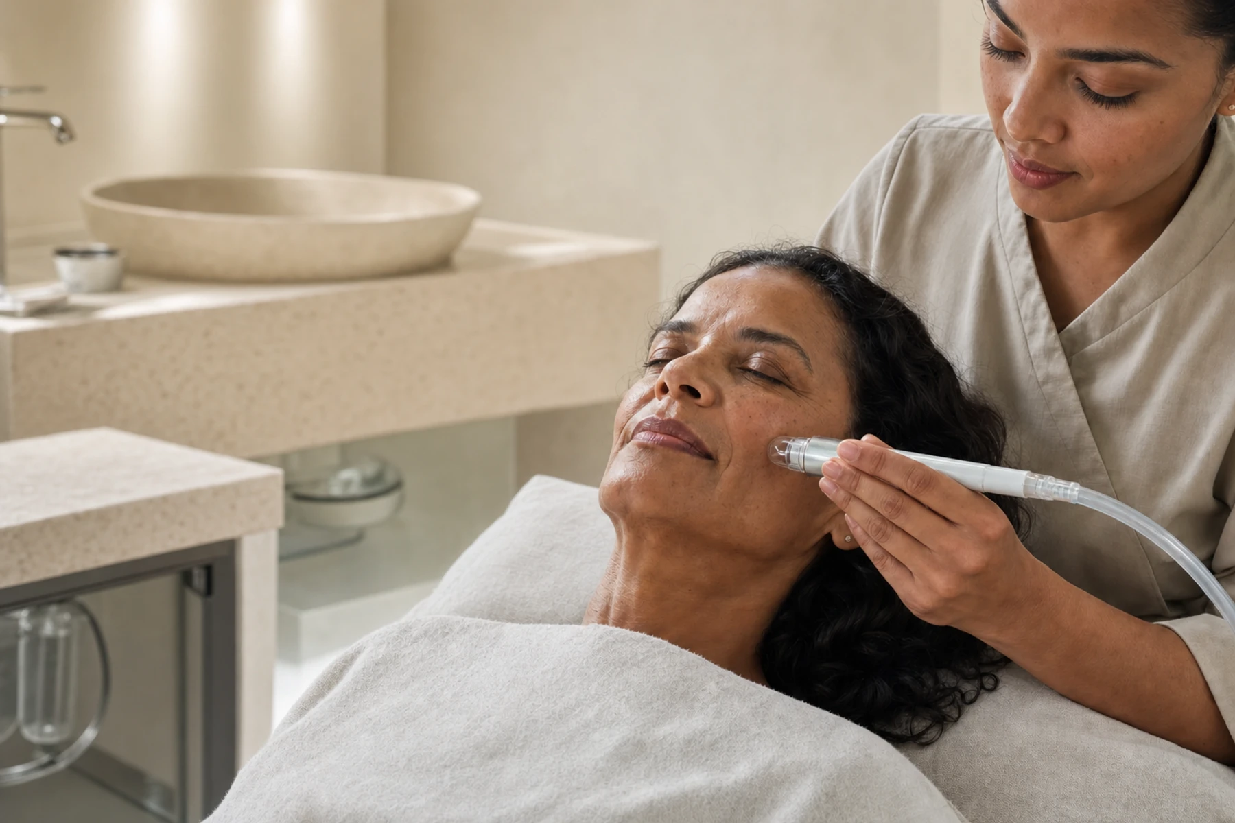 Therapist using a clear-tipped professional hydration handpiece on a client’s cheek