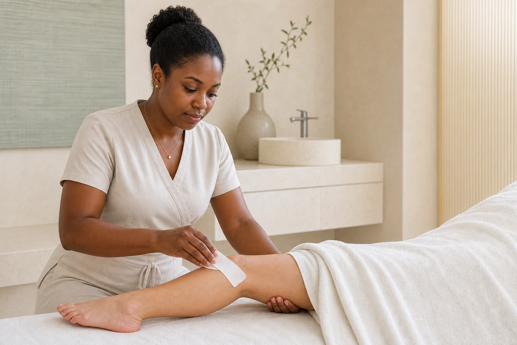Esthetician carrying out a professional lower-leg waxing treatment in a bright private room