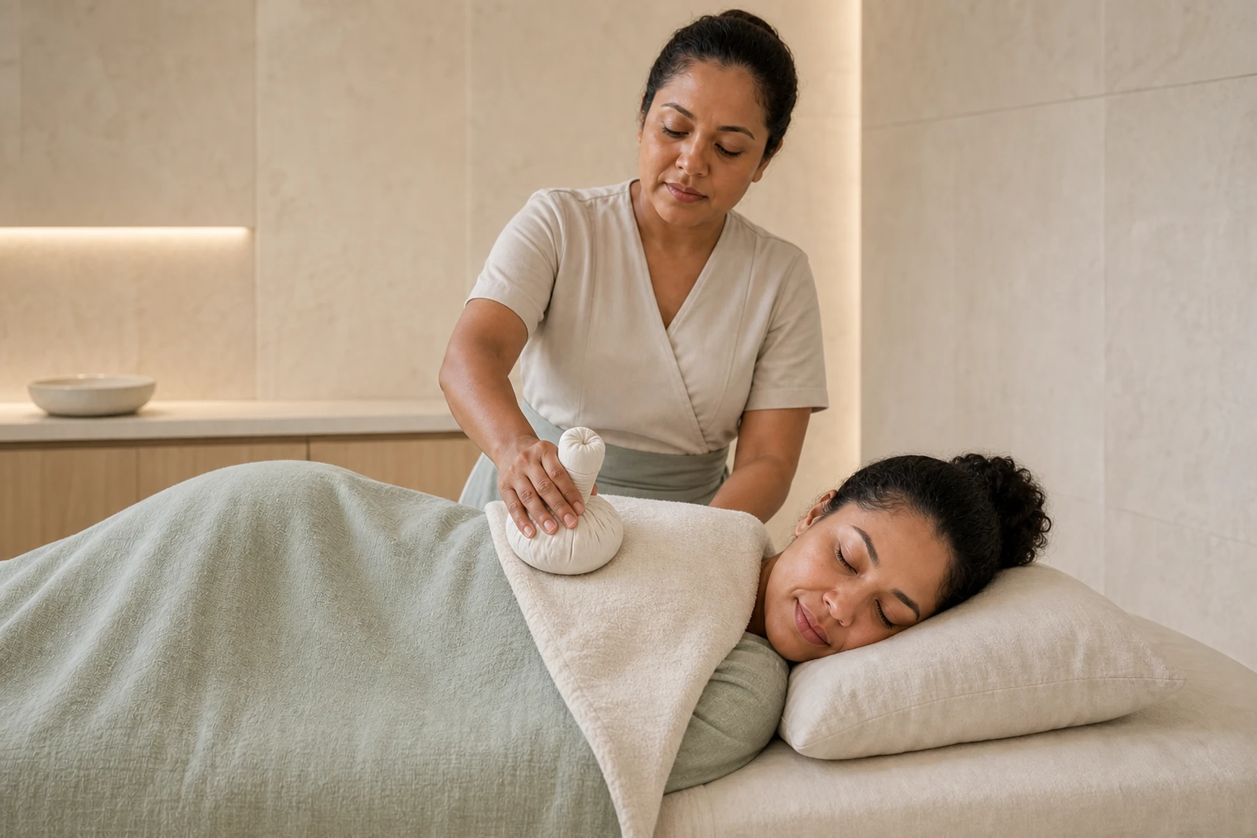 Massage therapist pressing a warm herbal cloth pouch over a draped adult client's shoulder