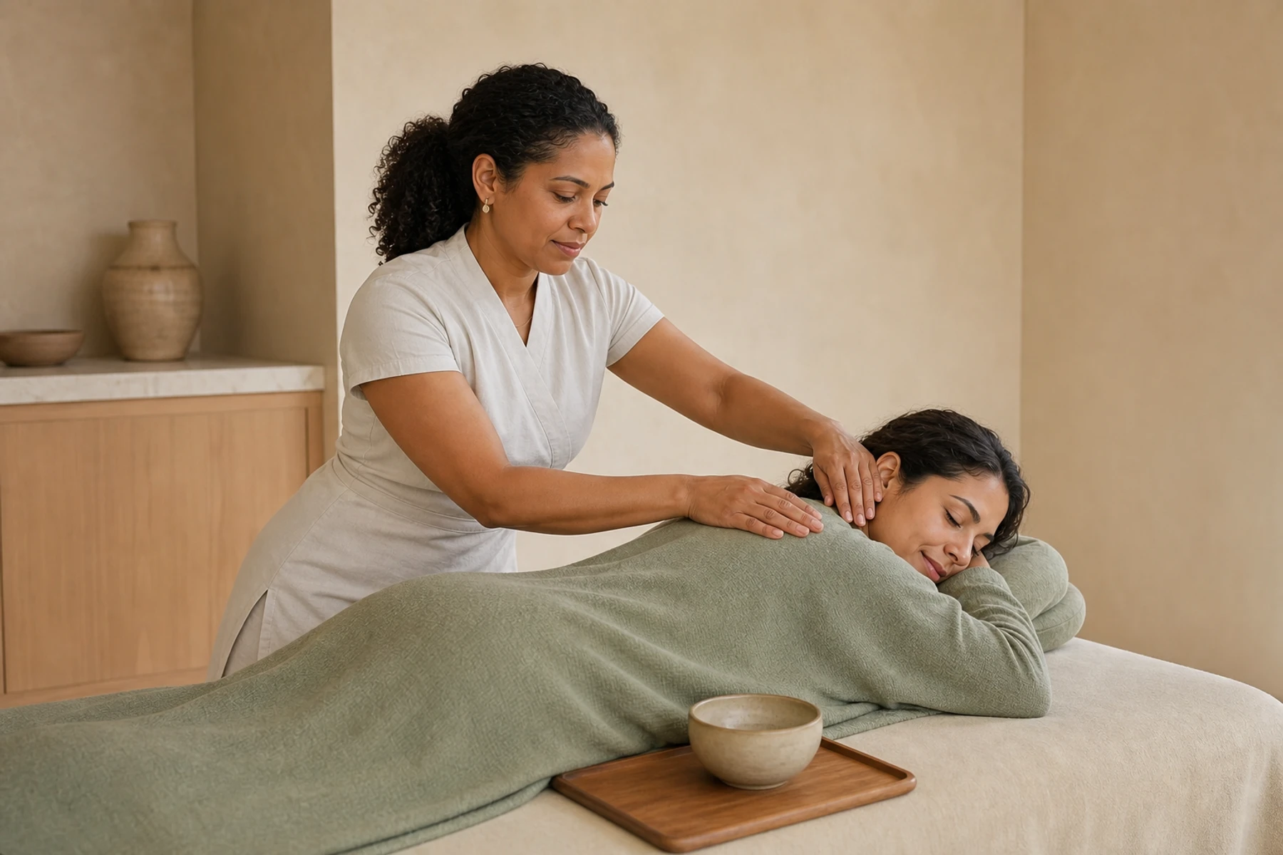 Massage therapist treating a professionally draped adult woman in a private spa room