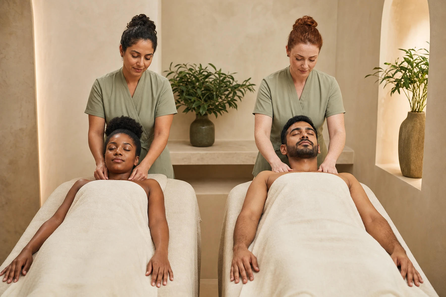 One woman and one man lying on separate treatment beds for side-by-side massage from female therapists