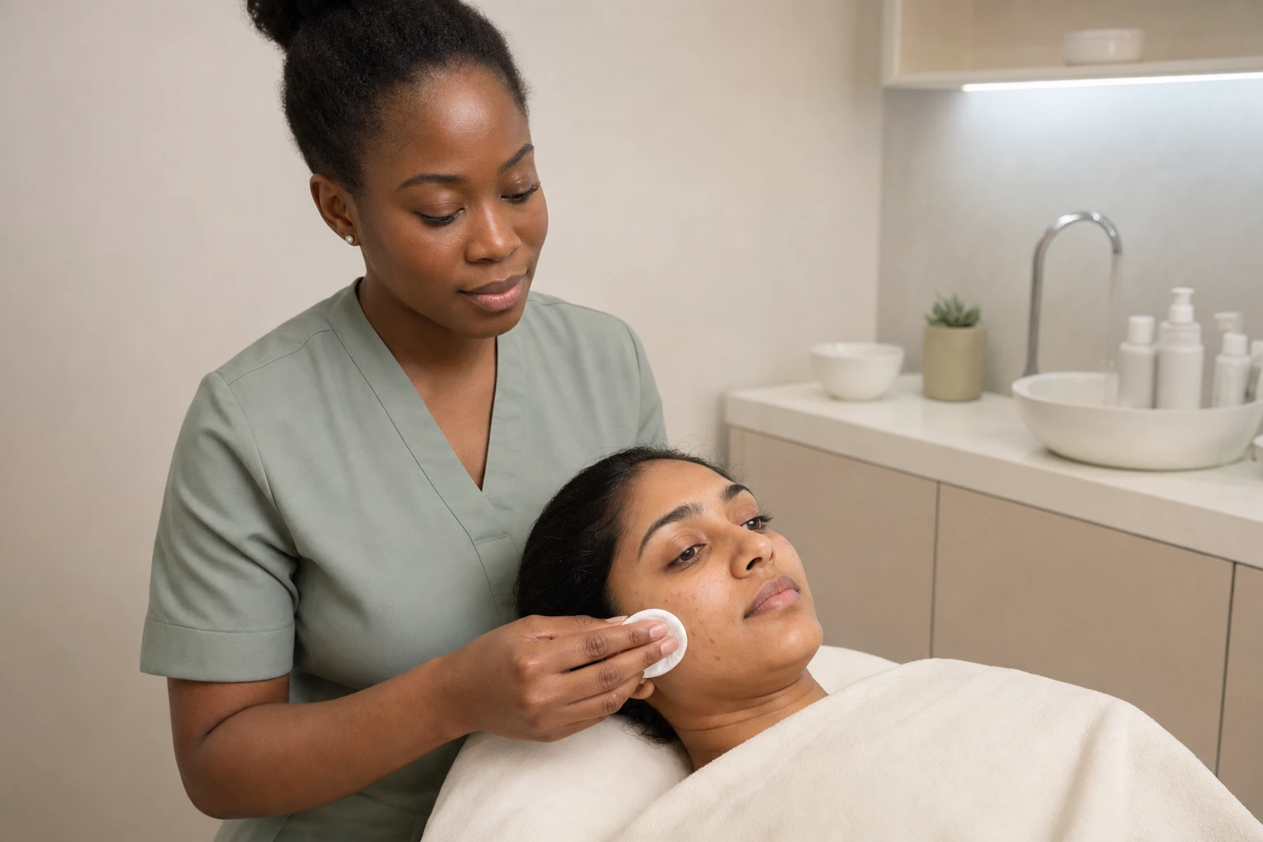 Esthetician using clean cotton pads during an adult client's deep-cleansing facial