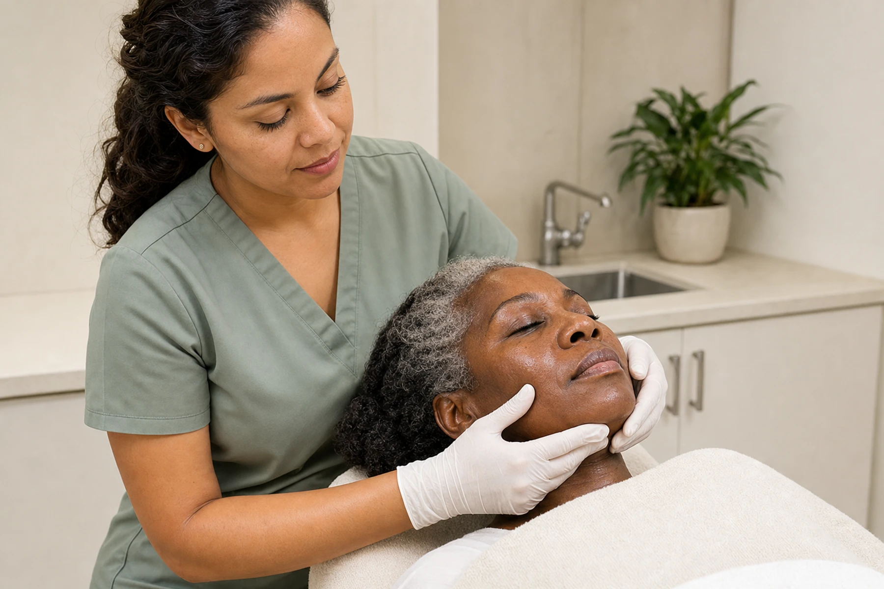Skin therapist performing a two-handed facial massage for a mature adult client