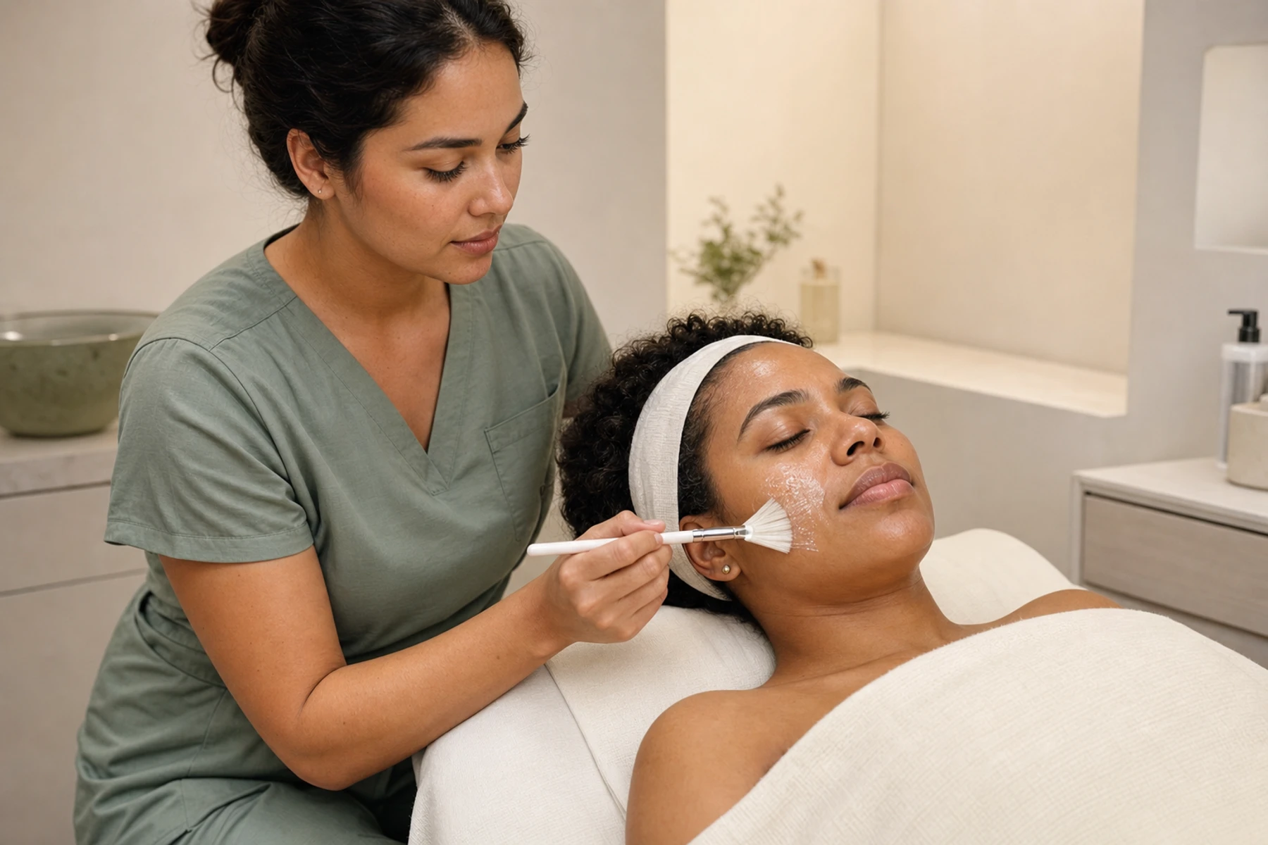 Esthetician brushing a translucent facial serum onto an adult client's freckled cheek