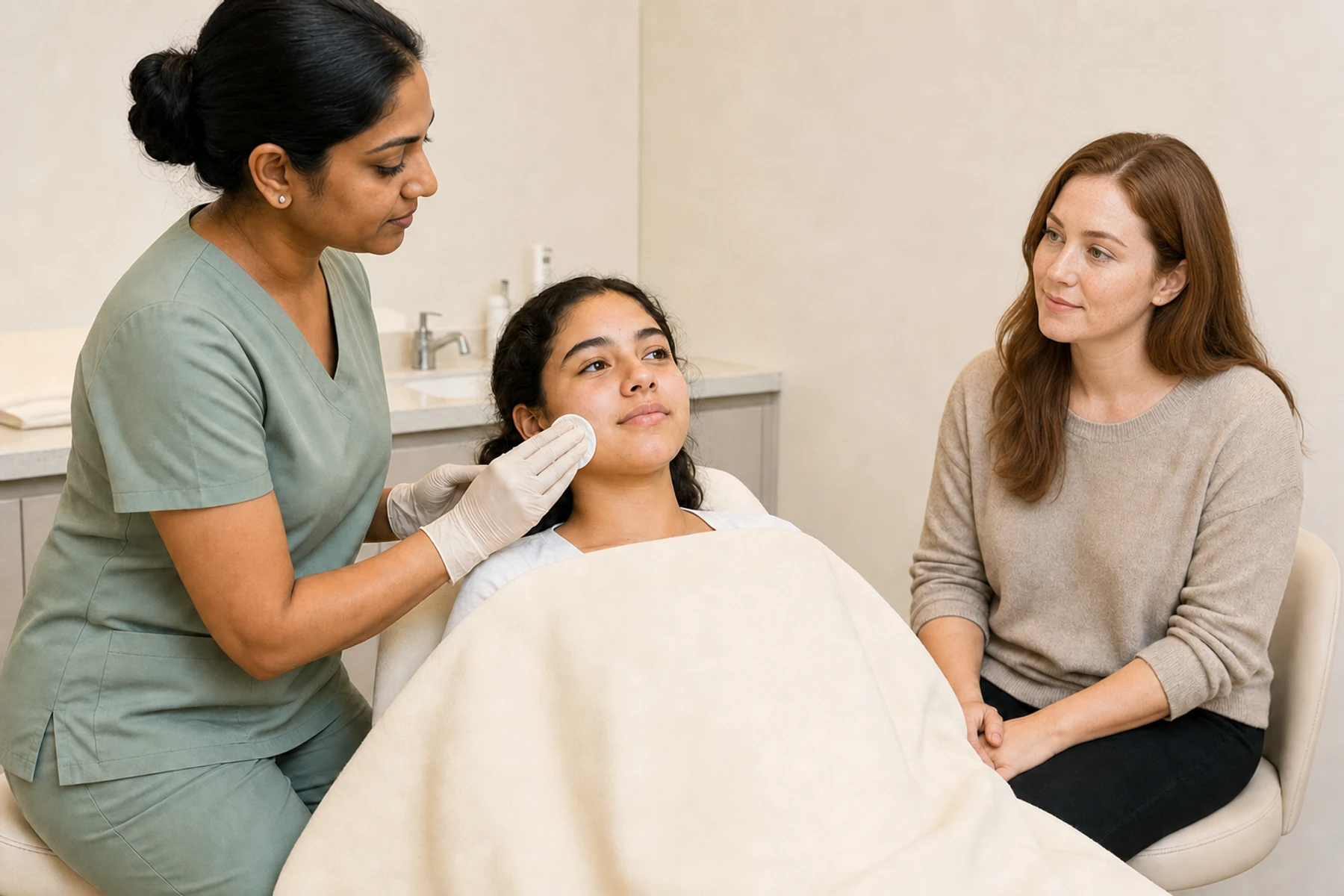 Teenager and parent listening as a skin therapist demonstrates gentle skincare