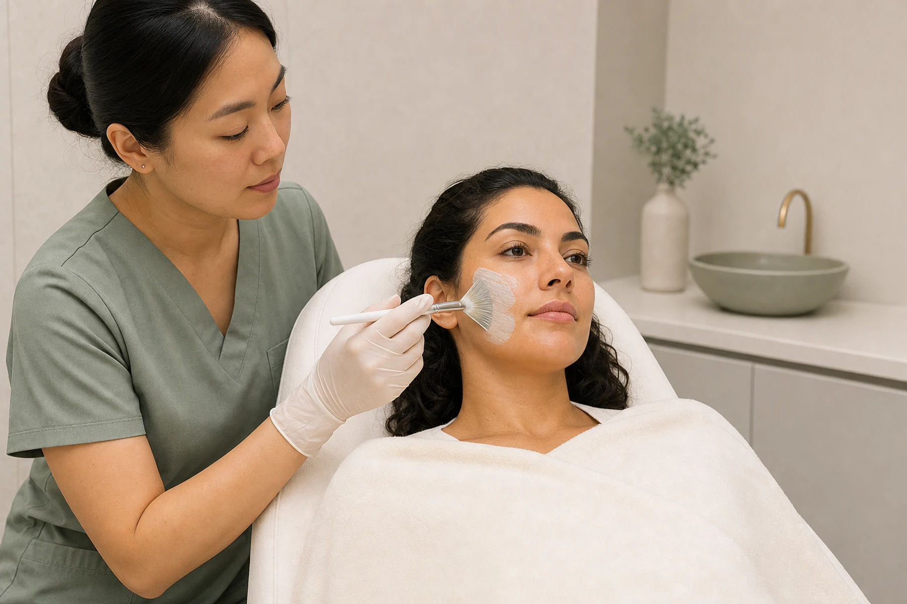 Skin therapist assessing an adult client's face with an unbranded magnifying lamp