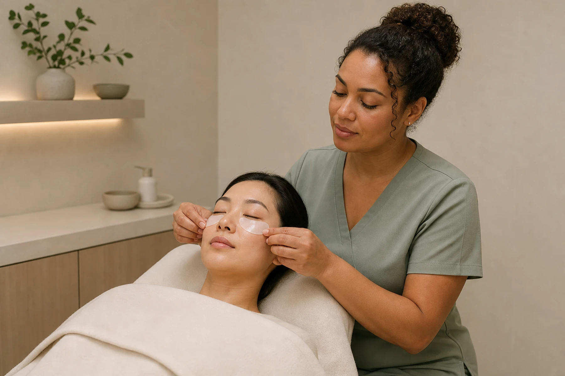 Skin therapist positioning cooling crescent patches beneath an adult client's eyes