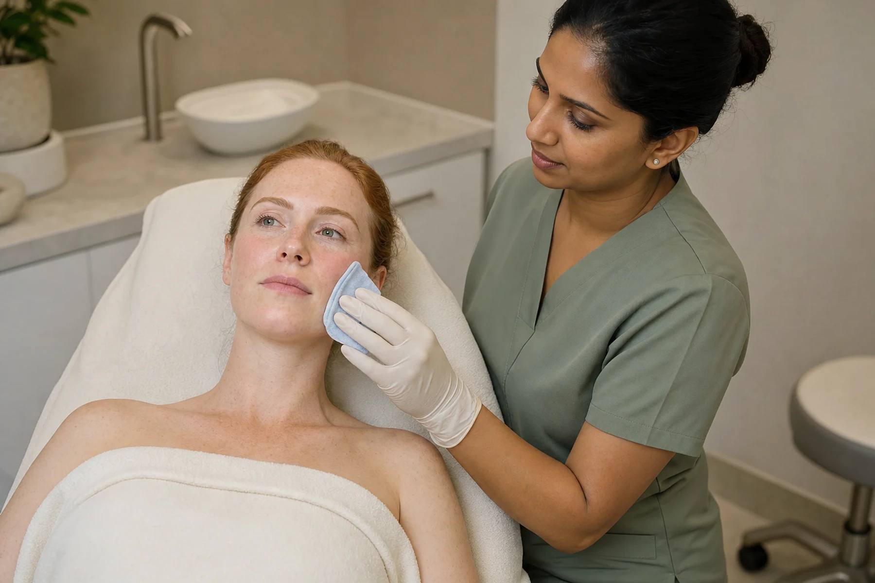 Skin therapist holding soft cooling compresses against an adult client's cheeks