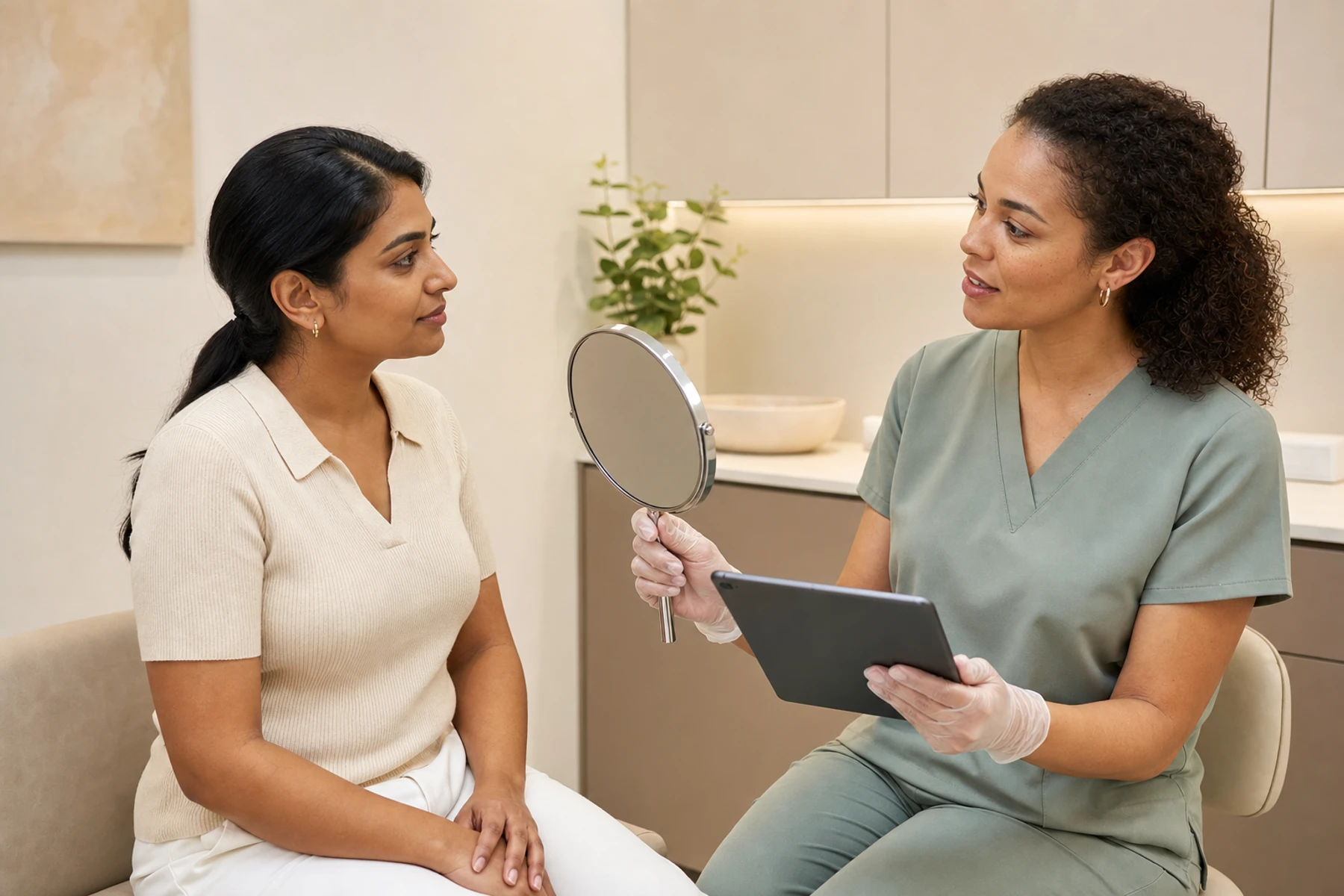 Skin therapist speaking with an adult client during a calm facial consultation