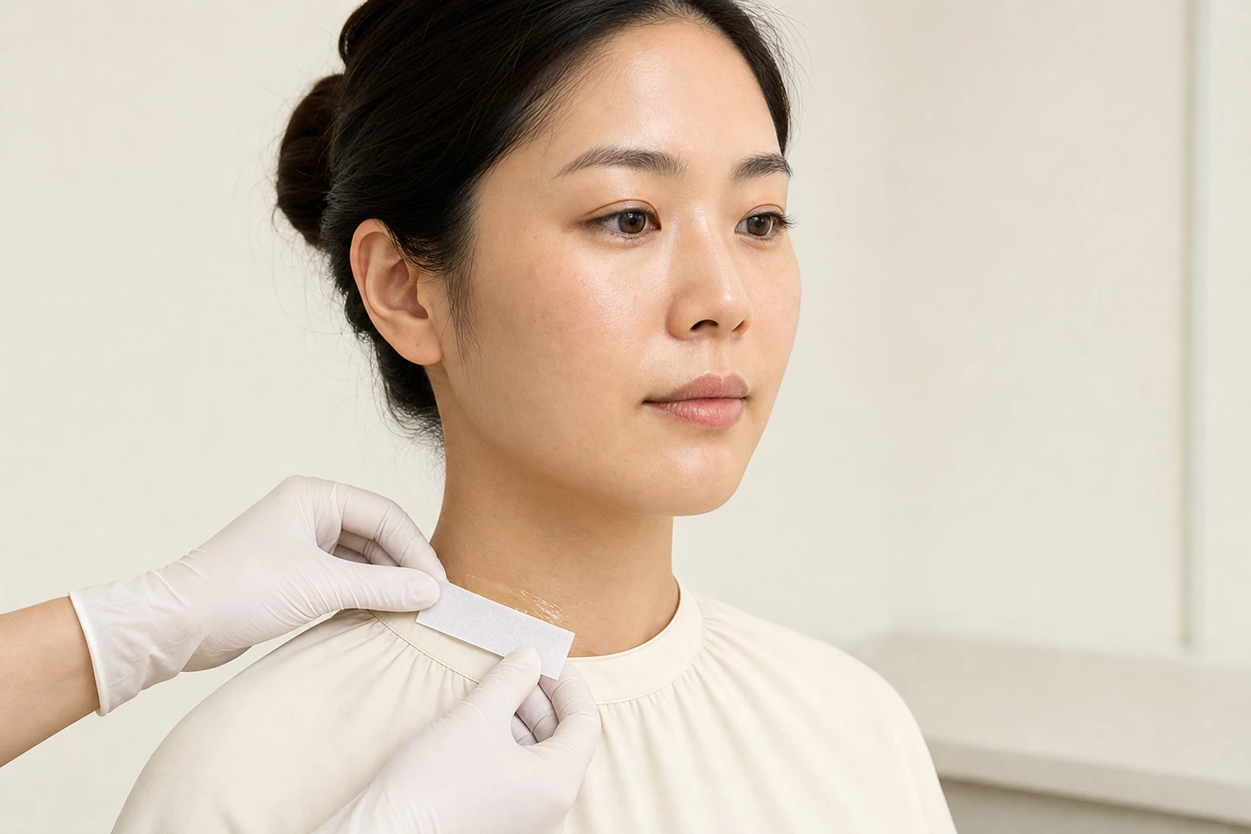 Female esthetician performing a modest upper-chest waxing treatment for an adult woman