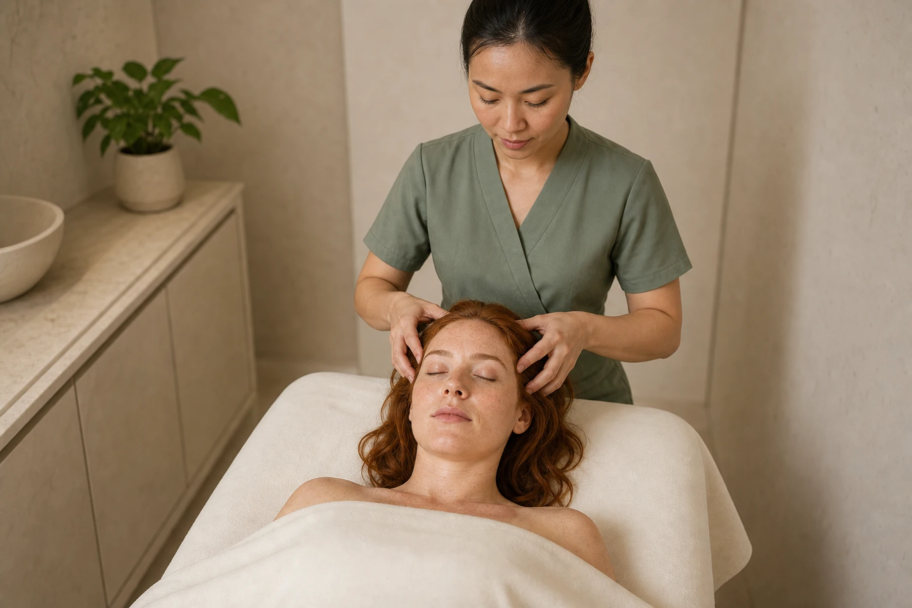 Woman lying on a treatment bed while a massage therapist applies circular fingertip pressure to her scalp
