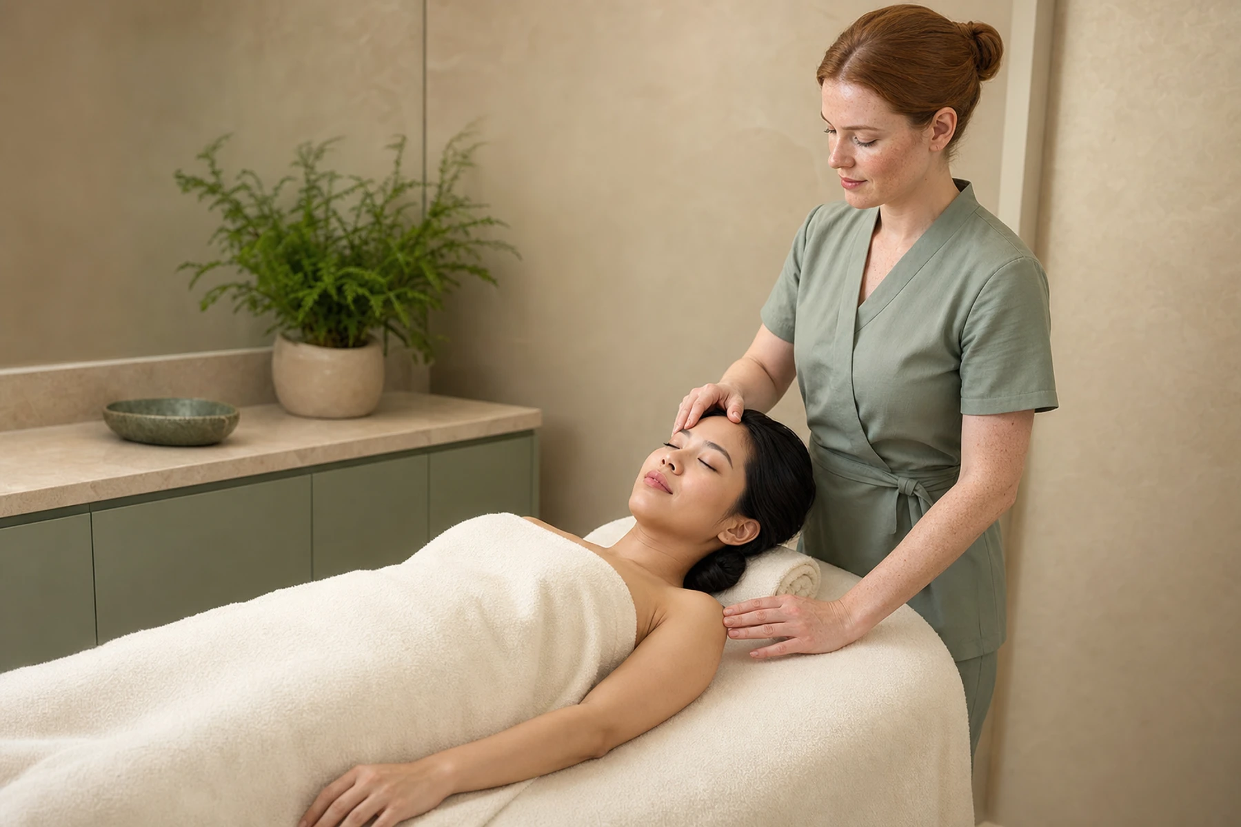 Woman lying on a treatment bed while a massage therapist treats her head and shoulders