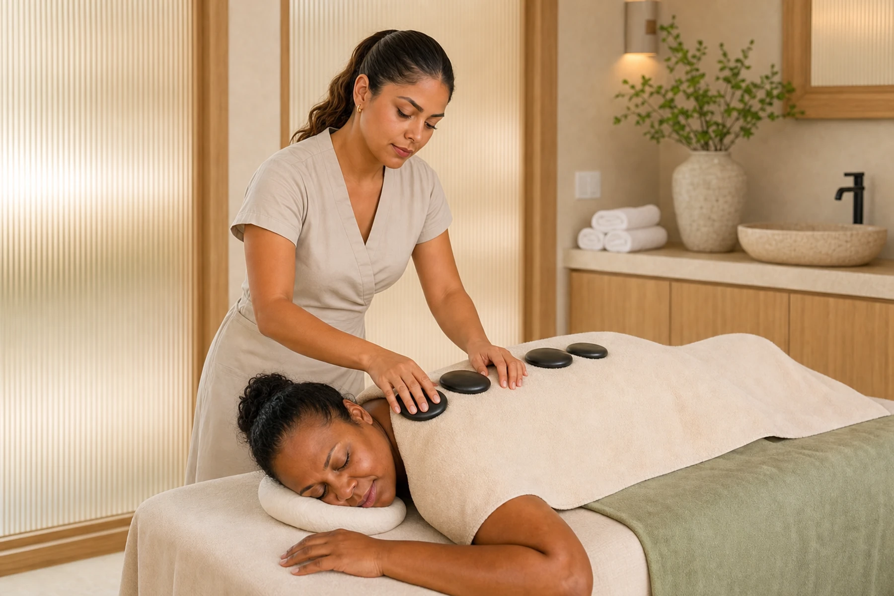 Massage therapist using a smooth heated stone on a draped adult client's shoulder
