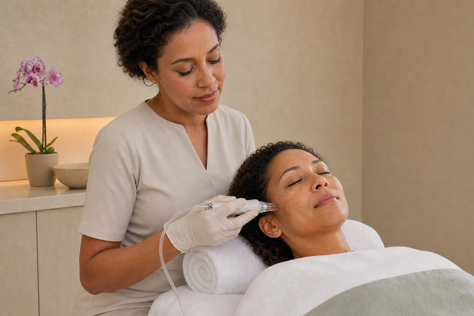 Skin therapist using an unbranded hydration handpiece on a mature adult client's cheek