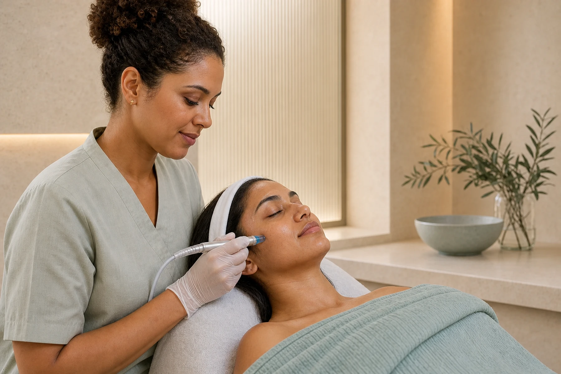 Skin therapist gently applying a clear hydrating serum to an adult client's freckled cheek