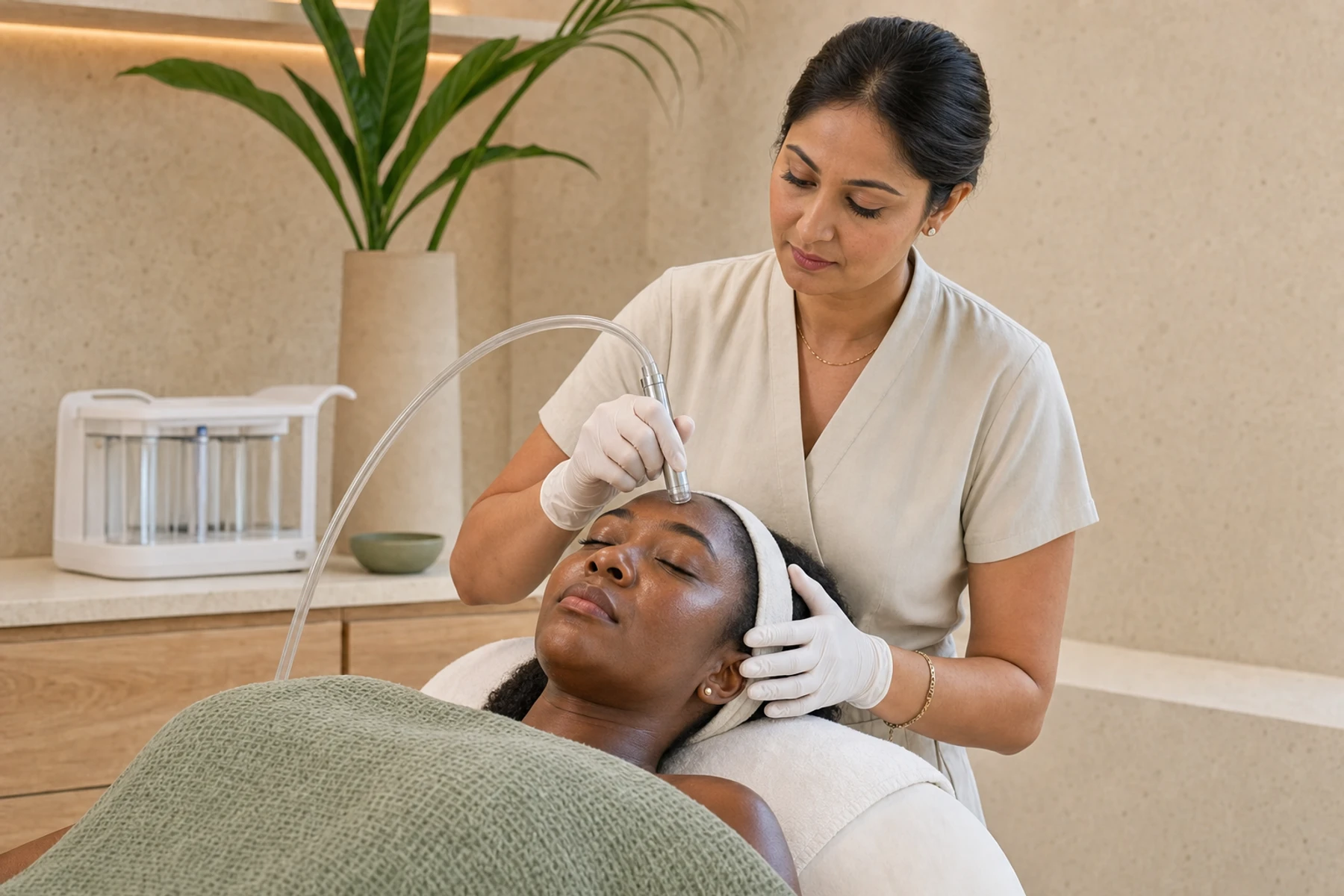Skin therapist using a clear-tipped hydration handpiece on an adult woman's cheek