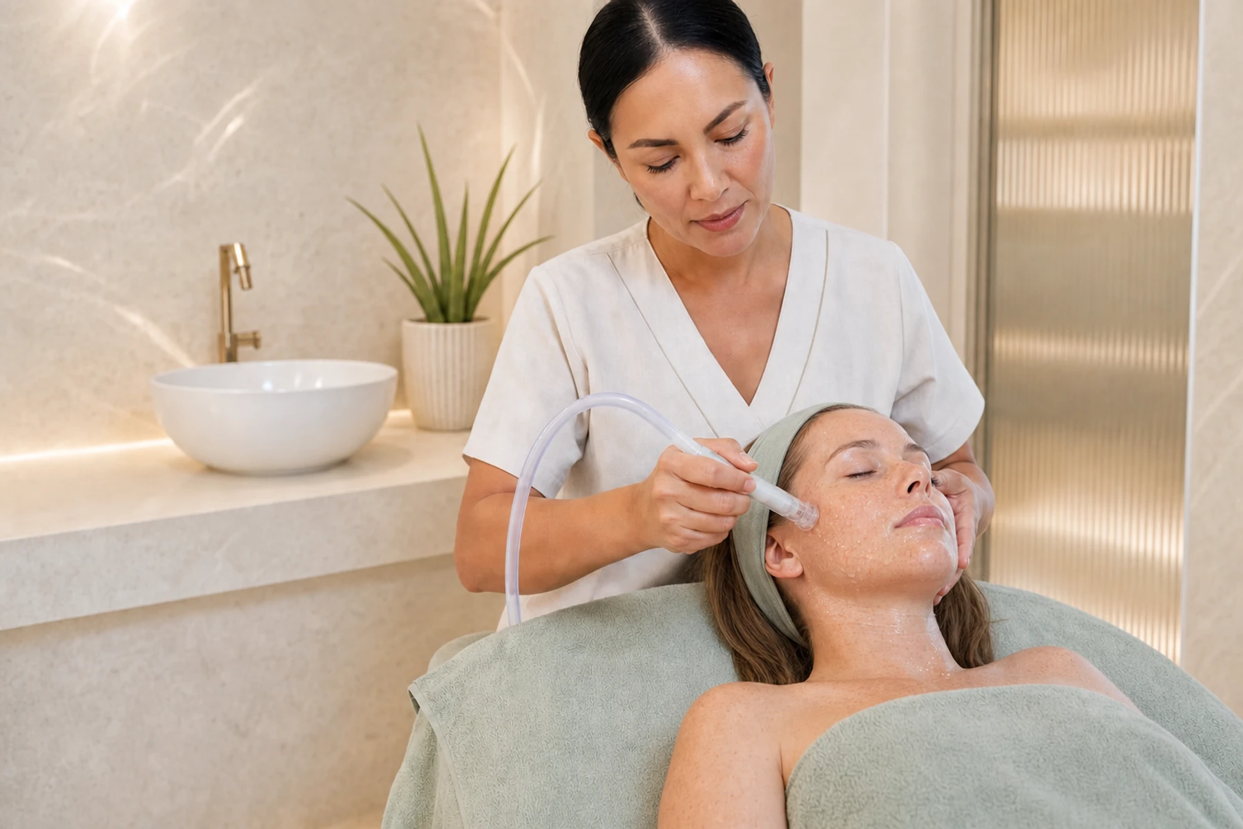 Skin therapist using an unbranded hydration handpiece during a professional facial