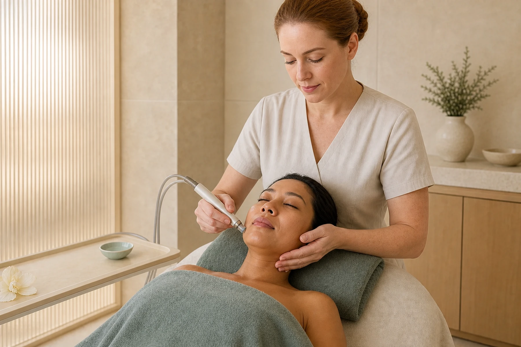 Skin therapist performing a gentle two-handed facial massage for a mature adult client