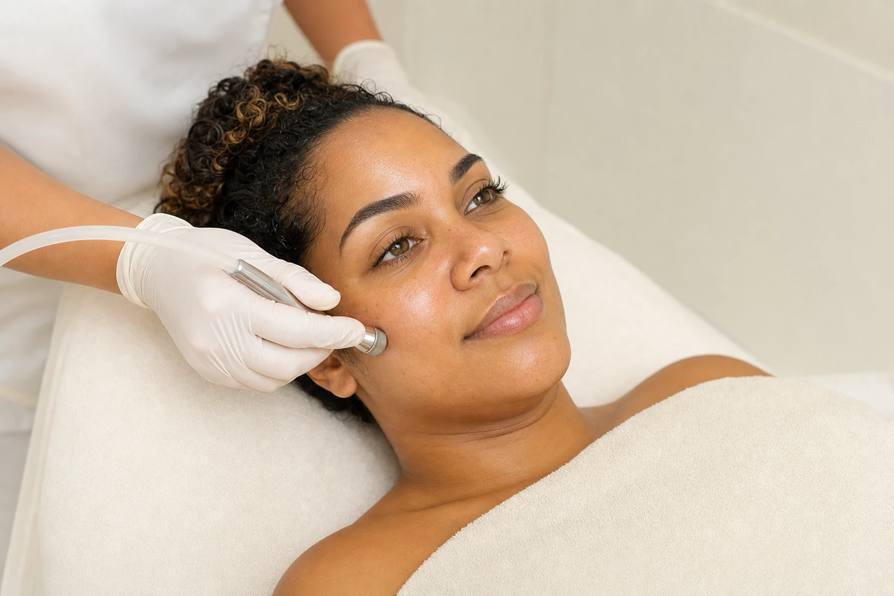 Unbranded facial-resurfacing handpiece on a clean tray beside a fully draped adult client