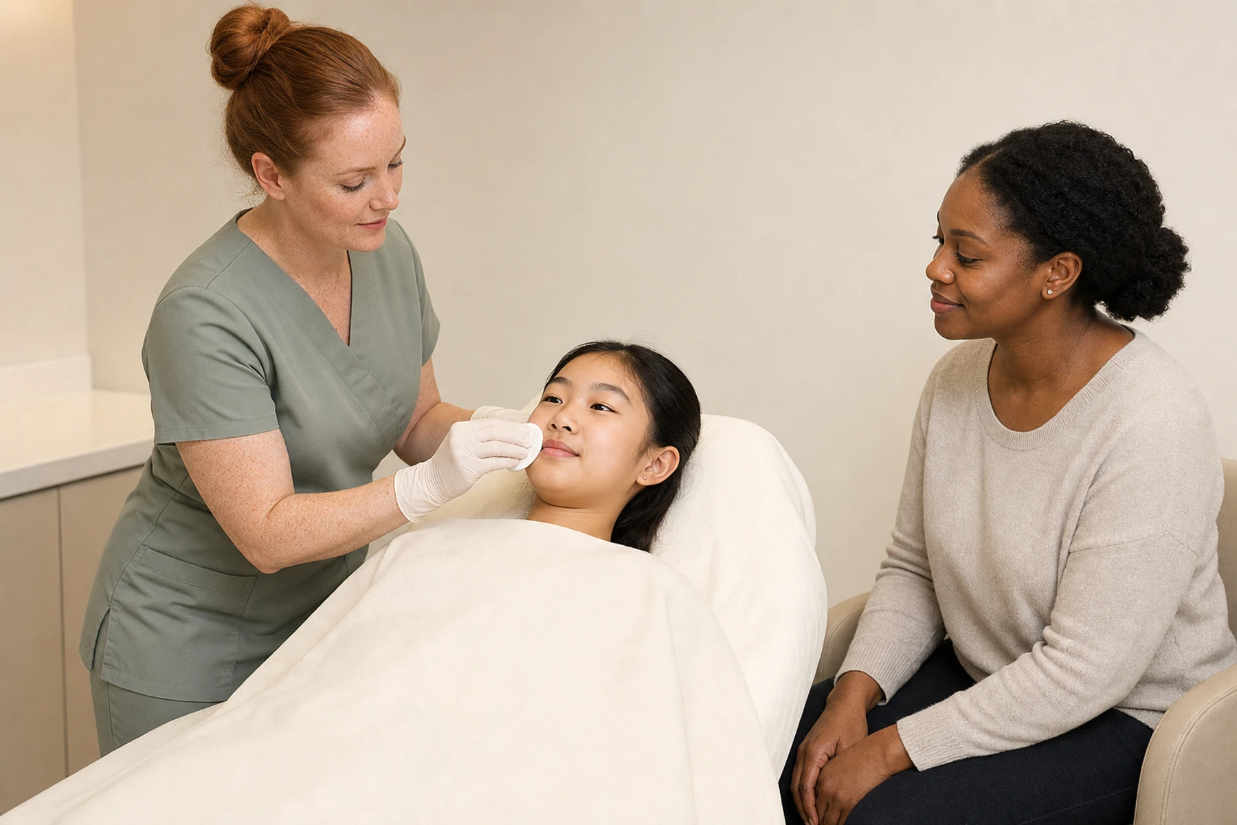 Pre-teen client and parent watching a skin therapist demonstrate gentle face cleansing