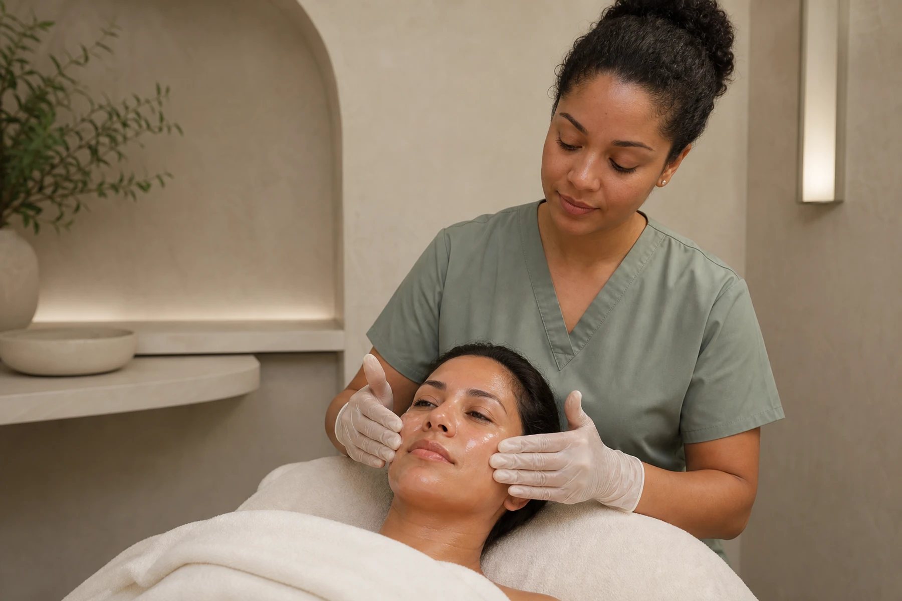 Skin therapist pressing hydrating serum into an adult client's cheeks after a facial