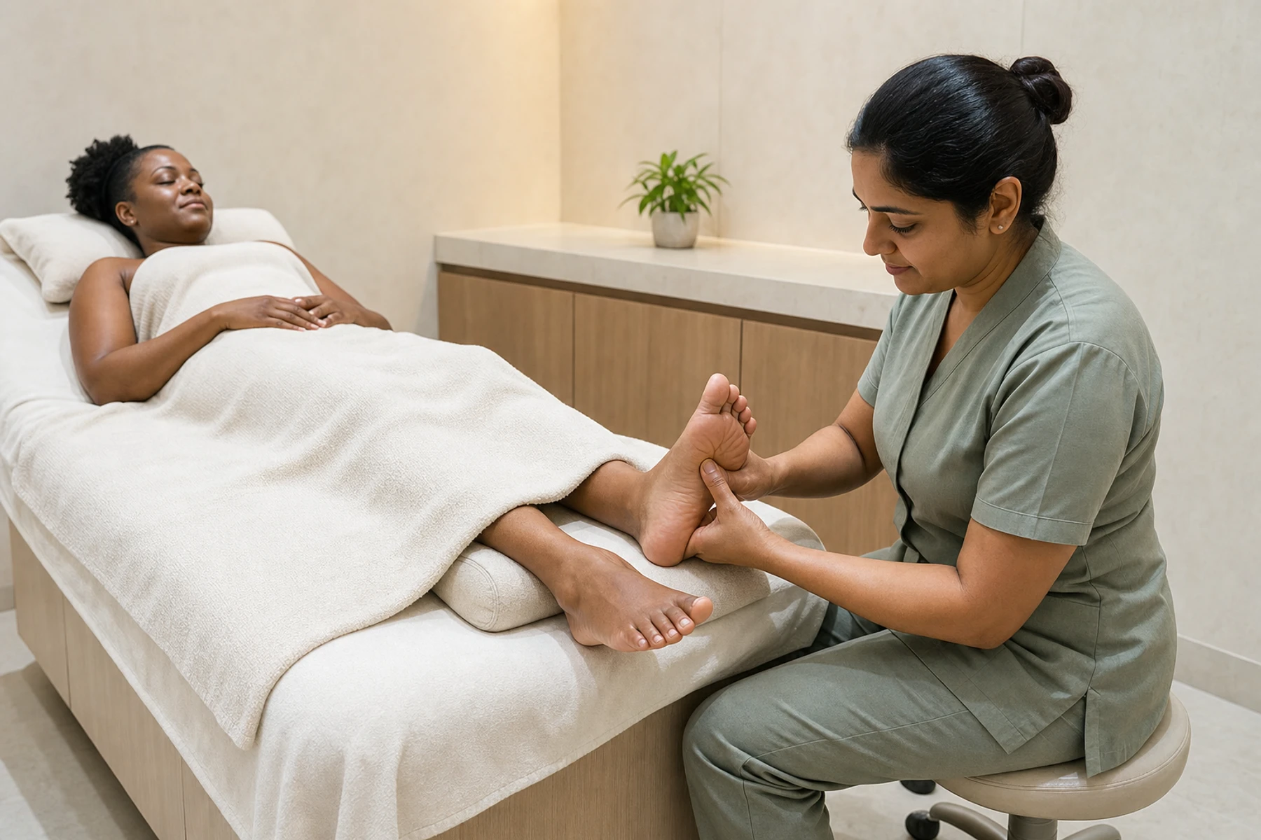 Woman lying on a treatment bed while a reflexology therapist applies precise thumb pressure to her foot