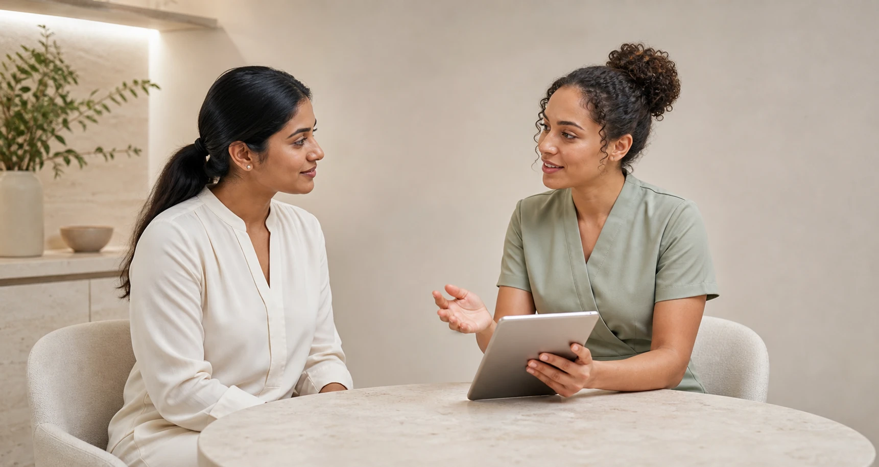 Skincare therapist discussing a personalized treatment ritual with a client