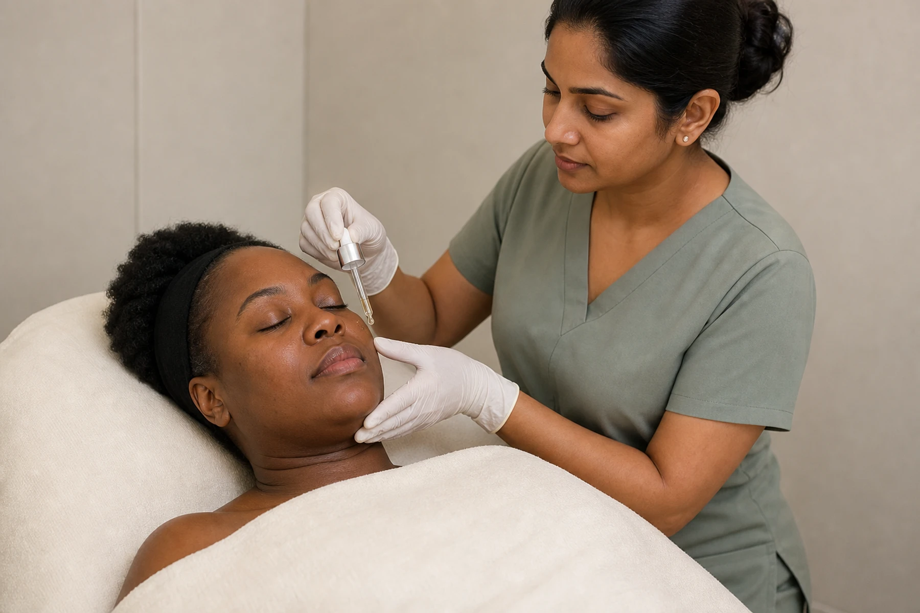 Skin therapist applying a targeted facial serum to an adult woman's cheek