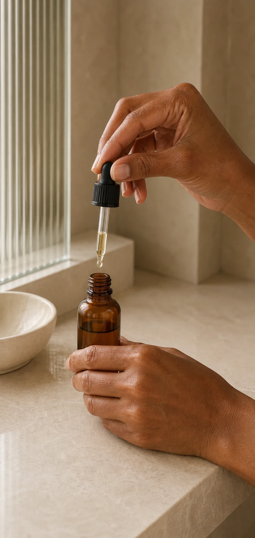 Woman thoughtfully applying moisturizer in soft interior light